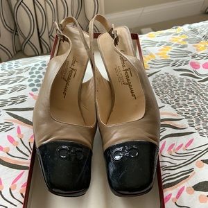 Black/tan Salvatore ferragamo block heels size 8